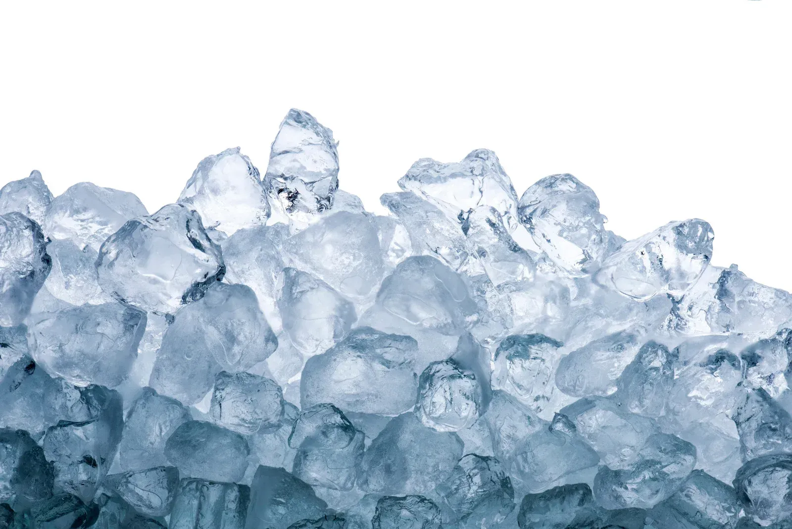 Pile of ice cubes, various shapes, translucent blue-white, against a white background.