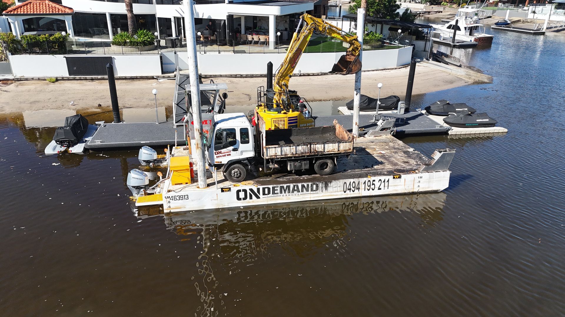 Excavator on a Barge in Water — On Demand Diggers and Demolitions in Molendinar, QLD