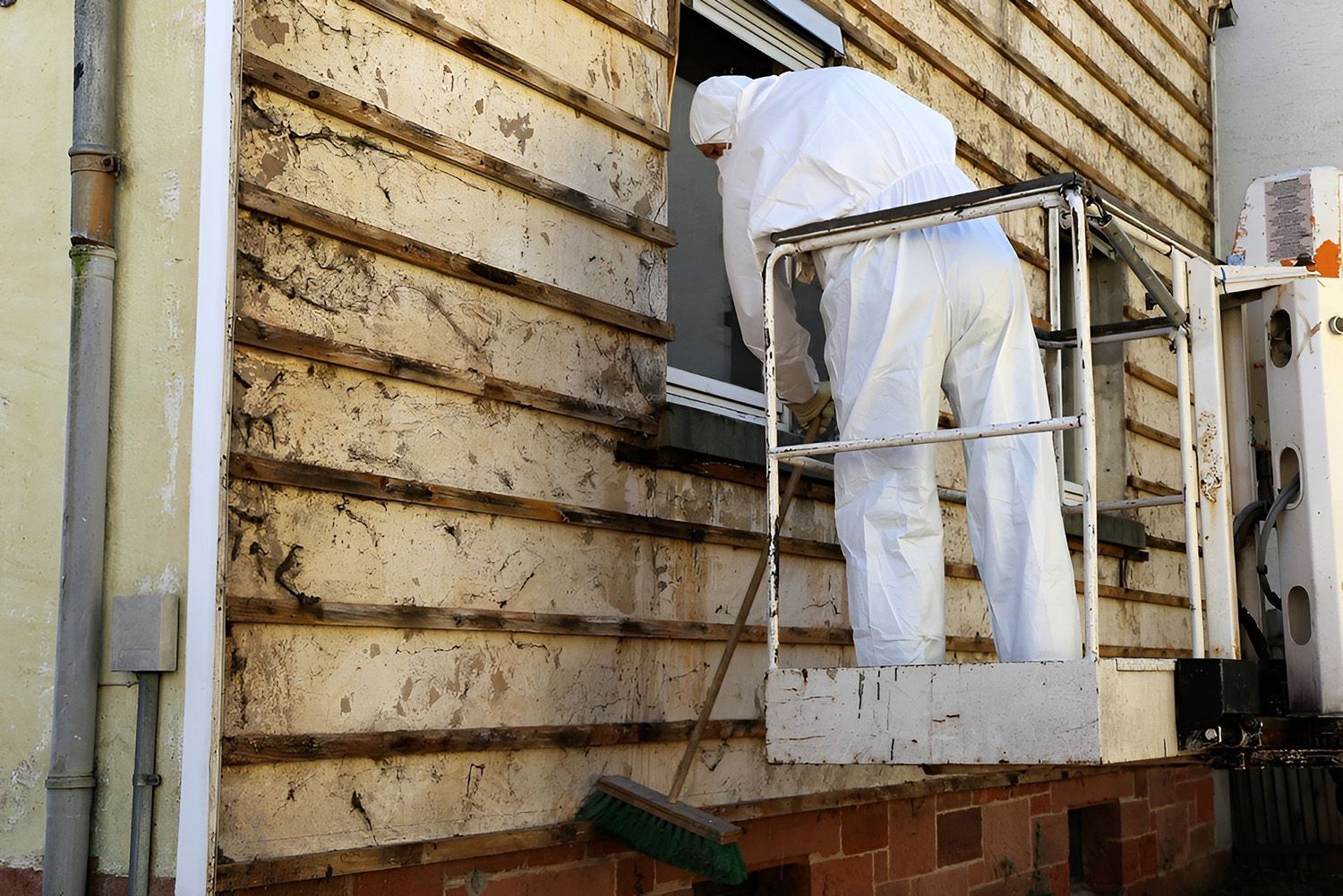 Worker In Full Protective Gear Safely Removing Asbestos From A Home