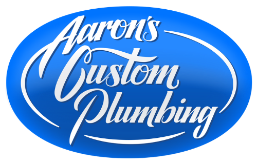 A blue oval logo for aaron 's custom plumbing