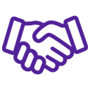 A purple handshake icon on a white background.