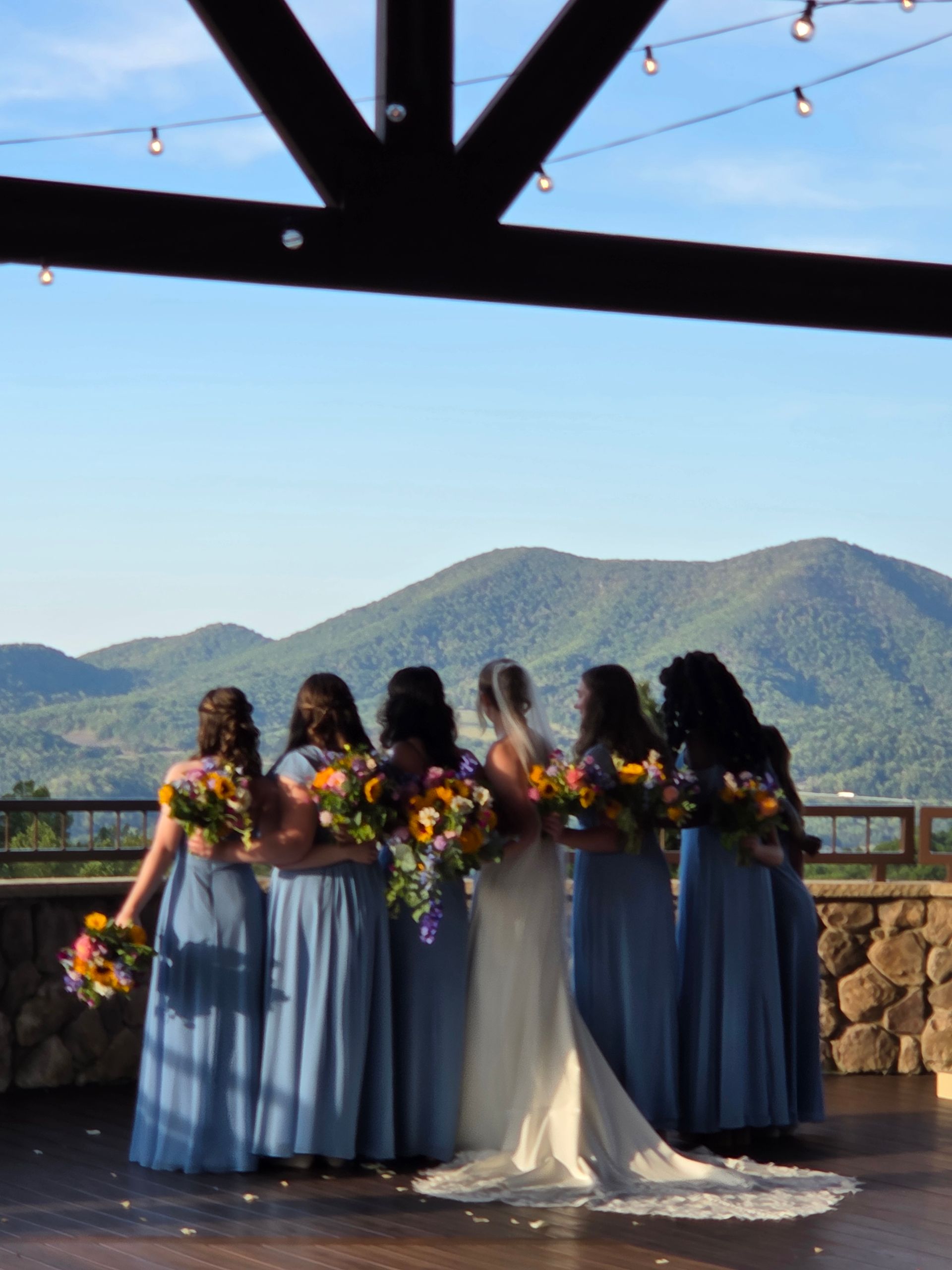 Bride and bridesmaids in blue dresses with bouquets, overlooking mountains.