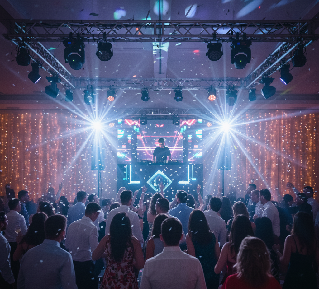 Party scene with DJ, bright lights, and dancing crowd.