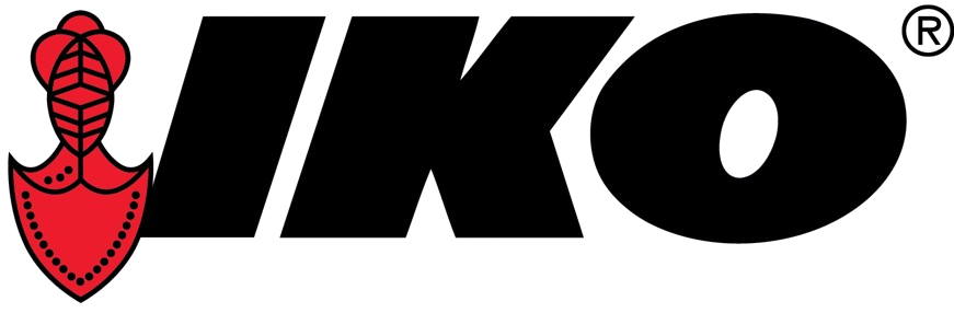 Logo for IKO. Text is black and stylized, with a red design on the left.