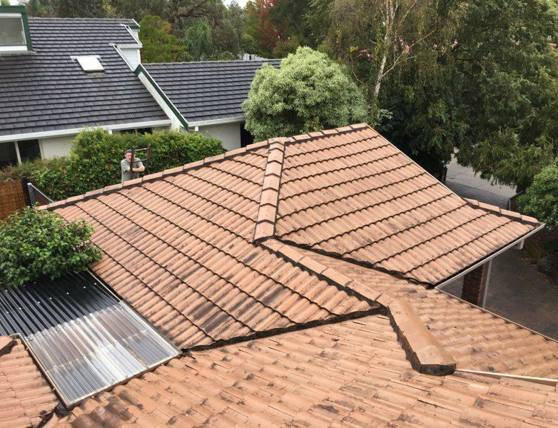 Brown tiled roof of a house with visible dirt, surrounded by trees and a clear awning.
