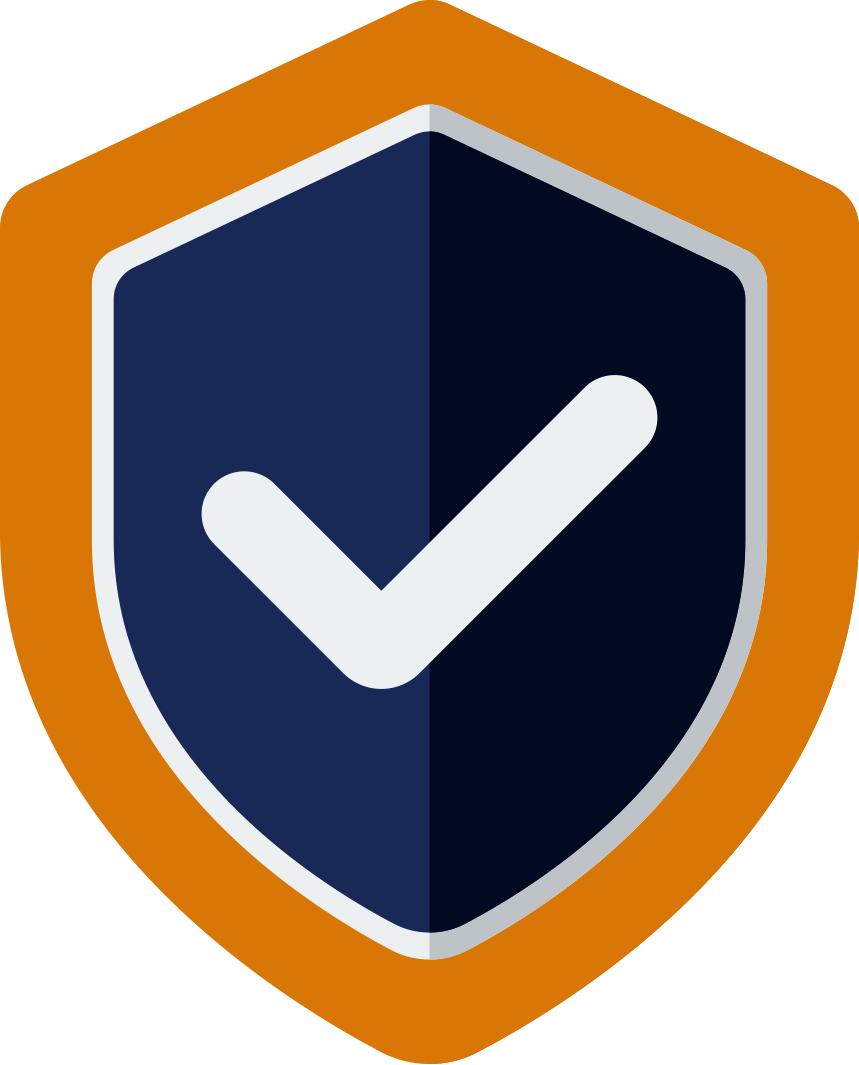 Blue shield with white checkmark inside, orange border.