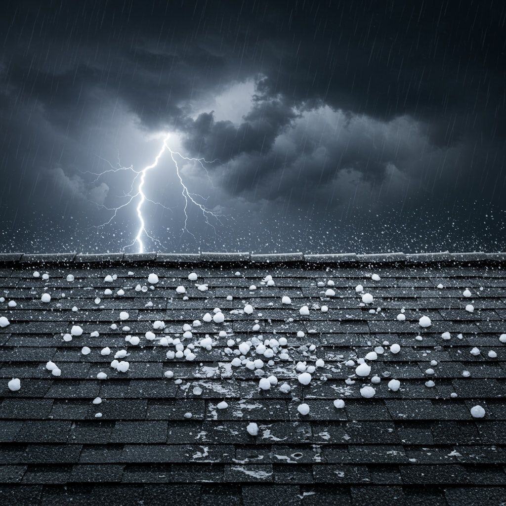 Hail storm over a roof with lightning striking the sky. Hailstones cover the shingles.