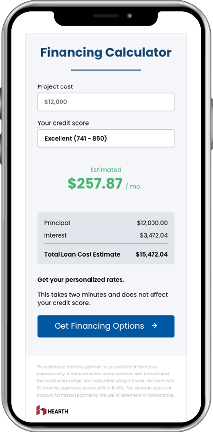 Financing calculator on a phone: user input with monthly payment estimate, principal, and total loan cost.