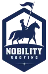 Blue logo: knight on horse holding flag above “Nobility Roofing.”
