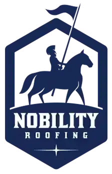 Blue logo: knight on horse holding flag above “Nobility Roofing.”