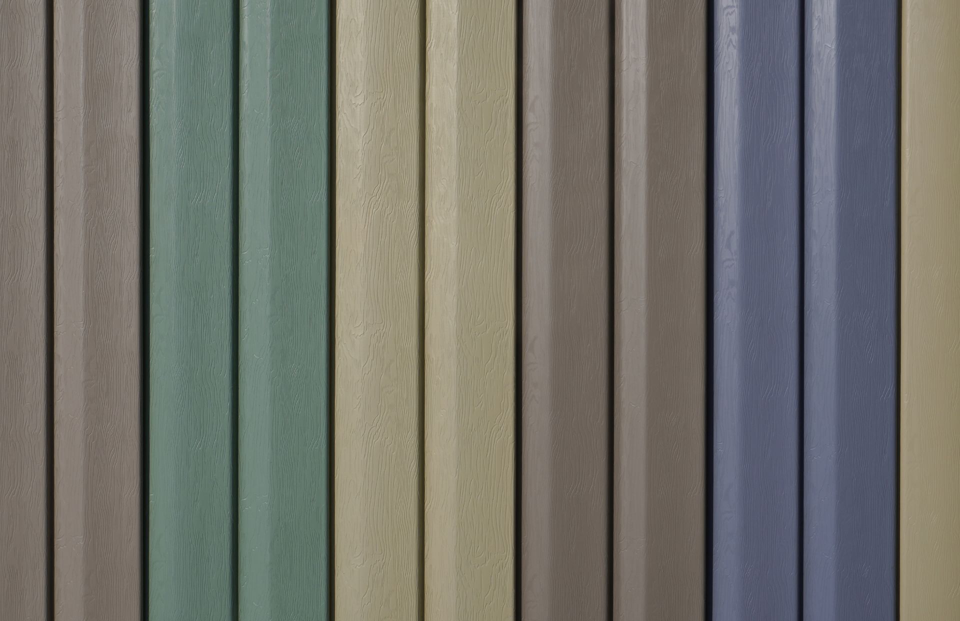 Vertical paneling with various earthy-toned colors: brown, green, tan, gray, and blue.