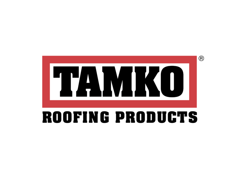TAMKO Roofing Products logo: Black text in a red and white rectangle, with the words "ROOFING PRODUCTS" beneath.