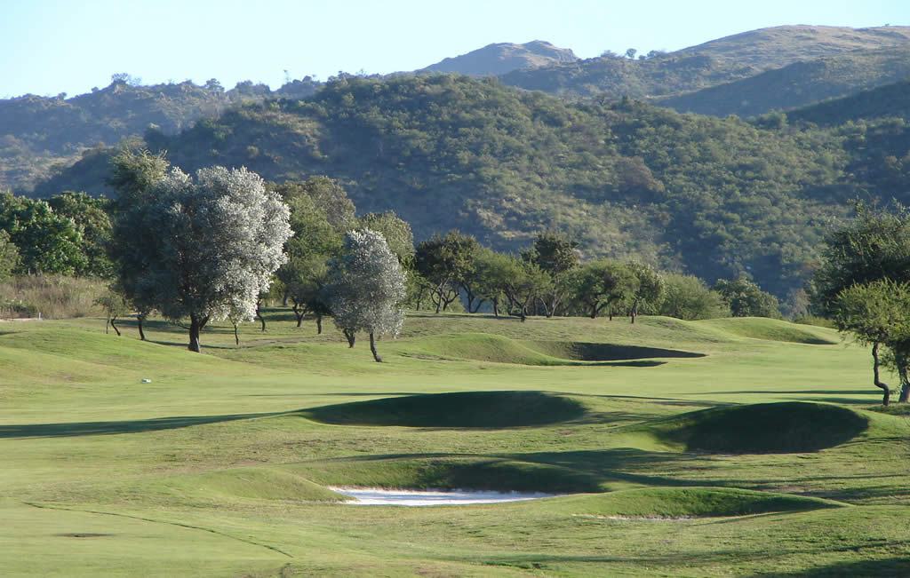 Un campo de golf con árboles y montañas al fondo.