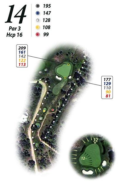 Un mapa de un campo de golf con el número 14.