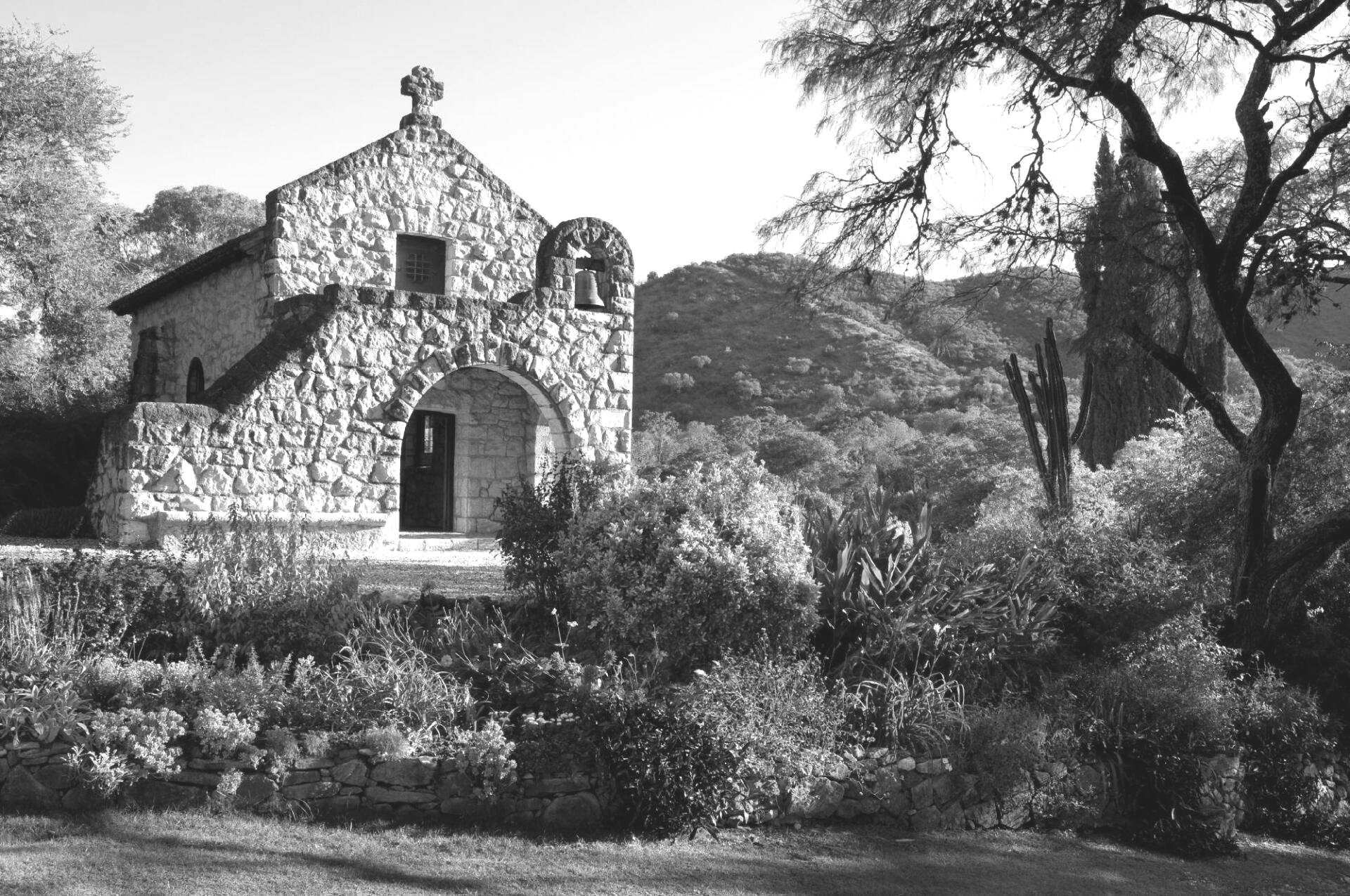 Una fotografía en blanco y negro de una iglesia rodeada de árboles.