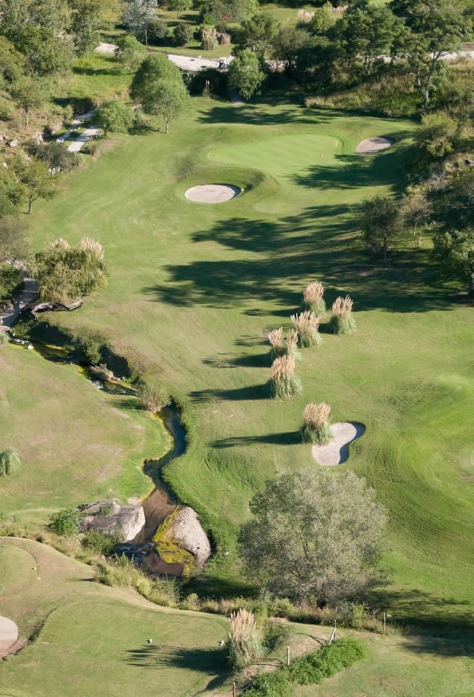 Una vista aérea de un campo de golf rodeado de árboles y arbustos.