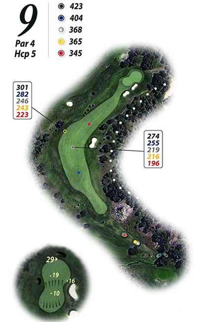 Un mapa de un campo de golf con el número 9
