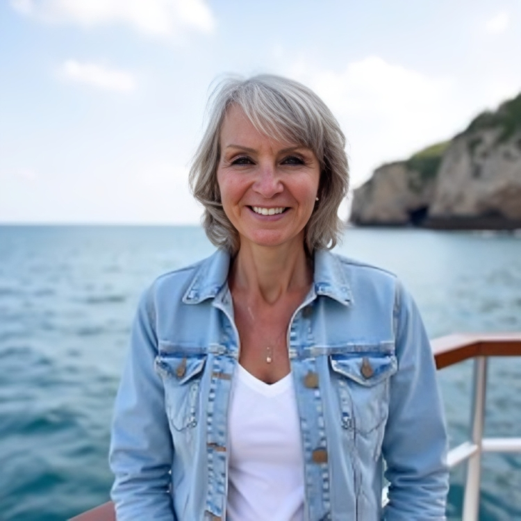 Woman smiling, wearing a denim jacket and white shirt, on a boat with the ocean and cliffs in the background.