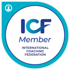 ICF Member badge with blue and white design, including the ICF logo and "International Coaching Federation" text.