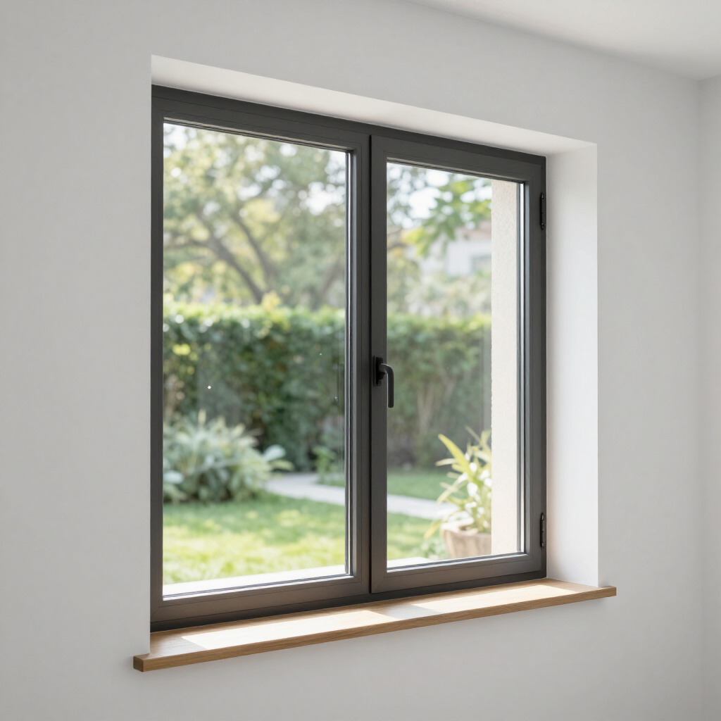 A dark-framed, two-pane window set in a white wall with a wooden sill, overlooking a green garden.