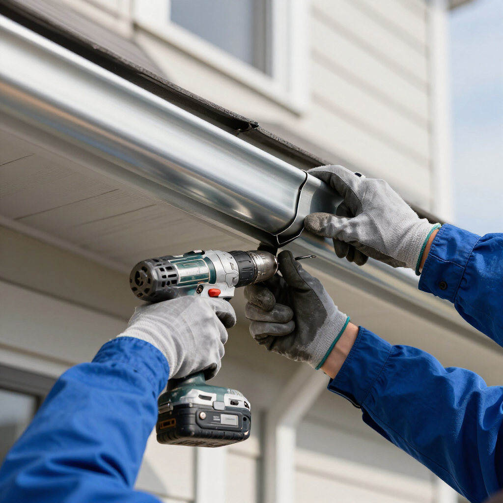 A construction worker in blue workwear uses a power drill to install a metal gutter on the side of a house.