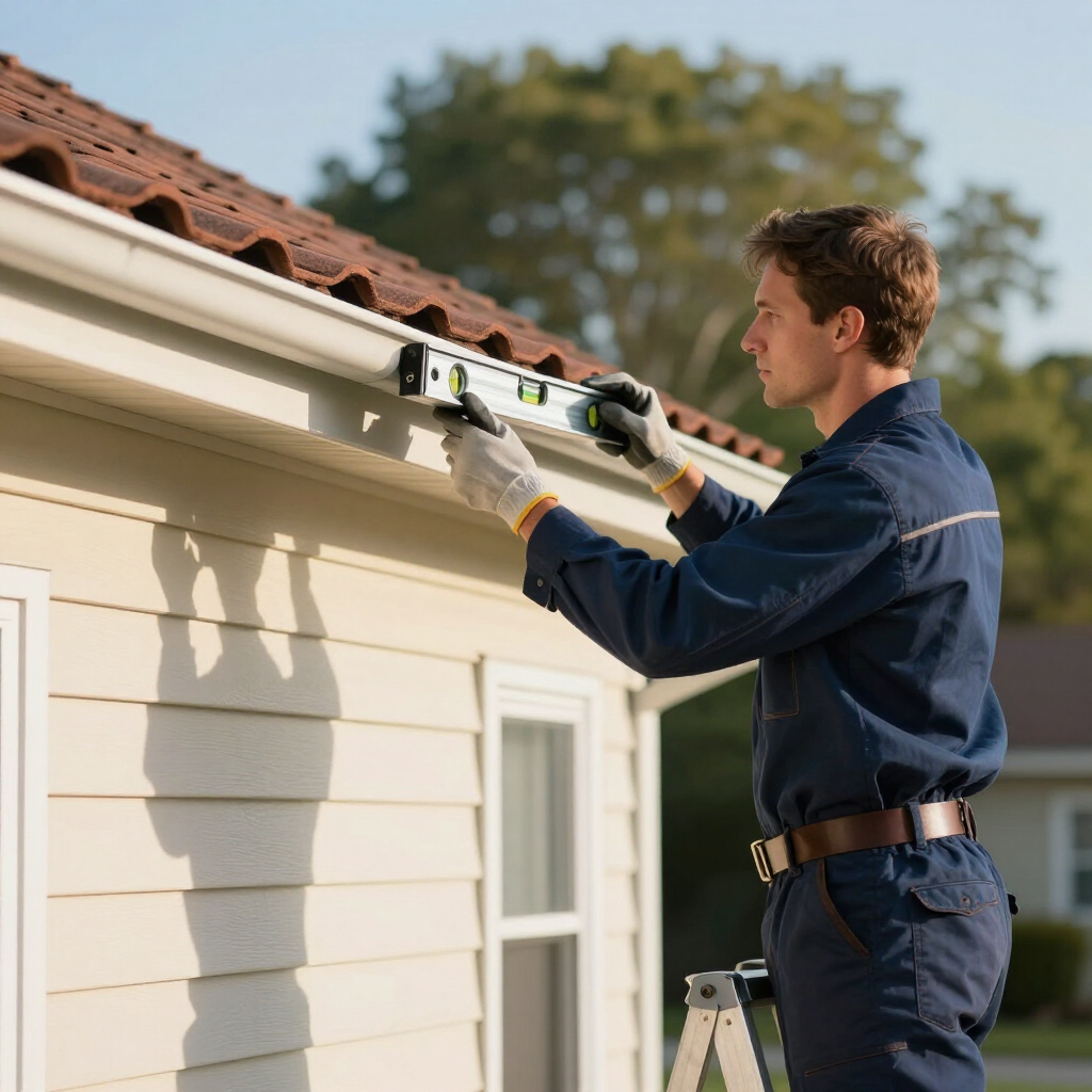 A person in a blue uniform stands on a ladder, using a level to install white rain gutters on a house.