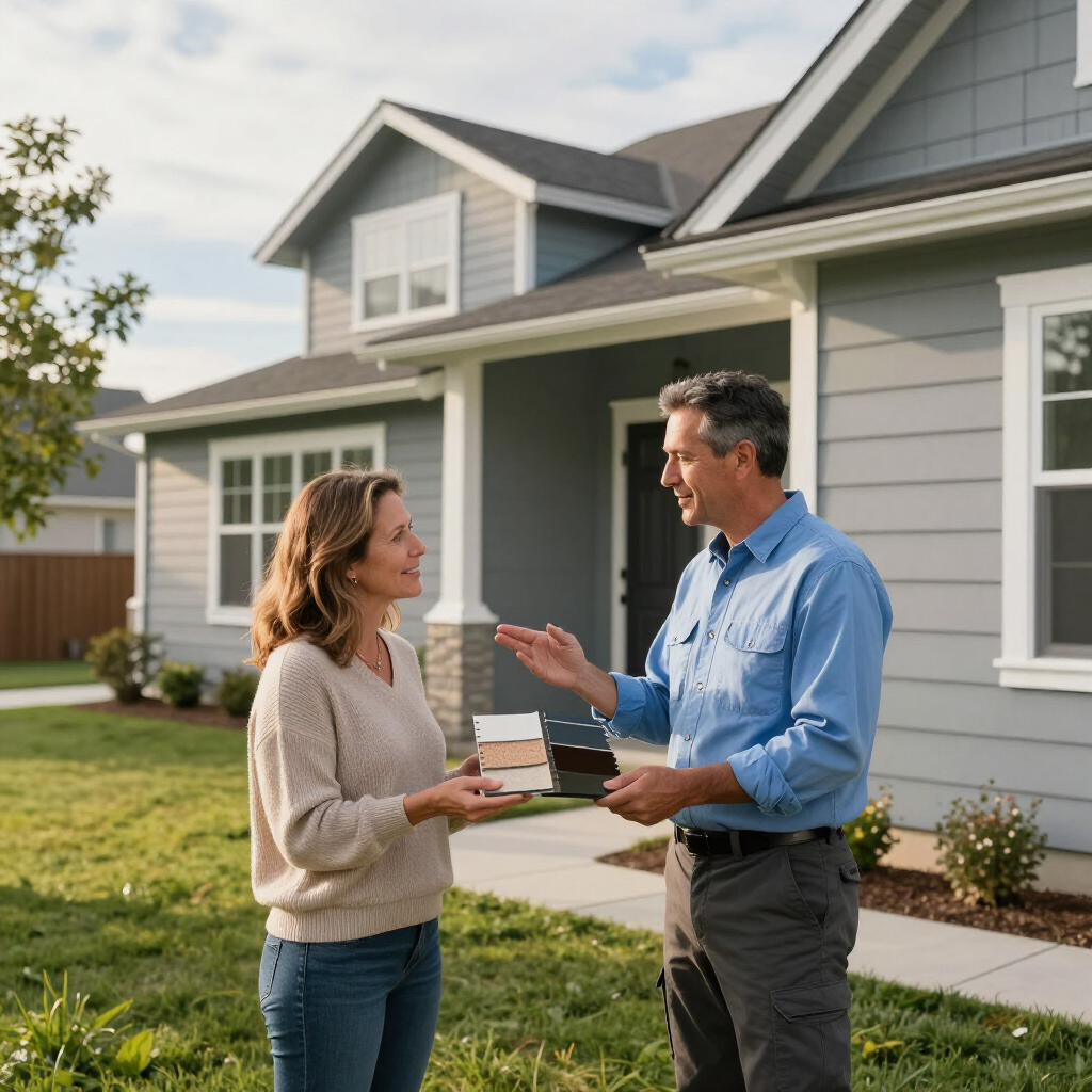 A consultant holds color samples for a client in front of a gray-sided suburban home.