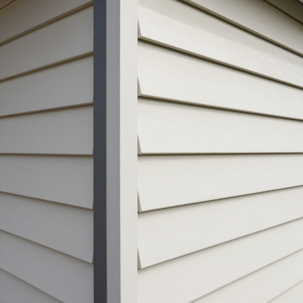 Beige vinyl siding on a building corner with a vertical white trim piece joining two walls.