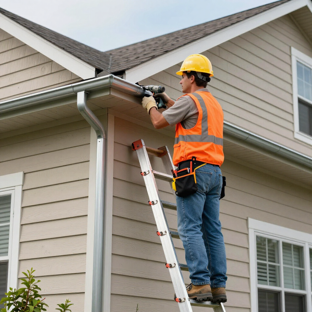 A construction worker in a hard hat and safety vest standing on a ladder, installing gutters on the side of a house.