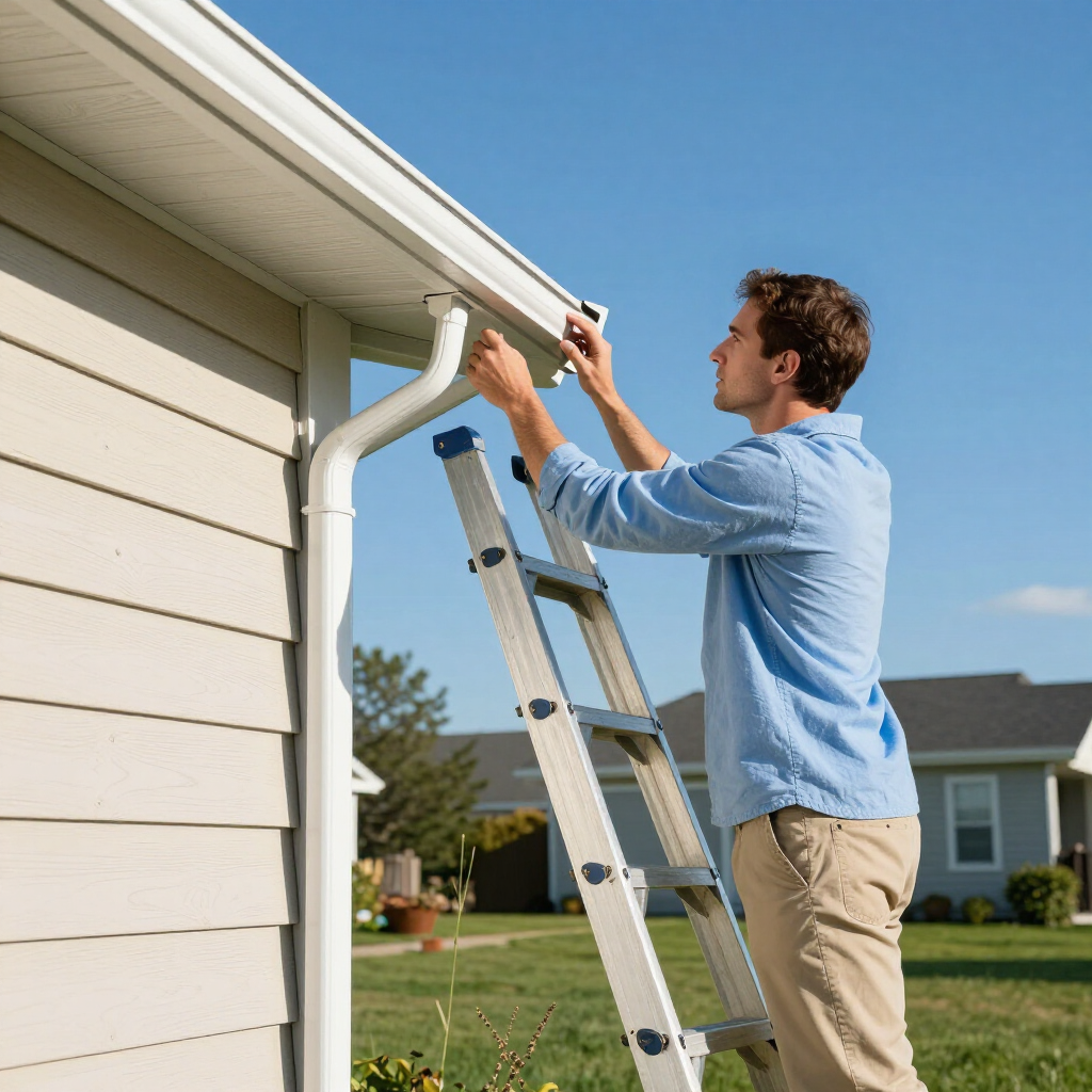 A person in a light blue shirt and tan pants standing on a ladder to clean or inspect a house gutter outdoors.