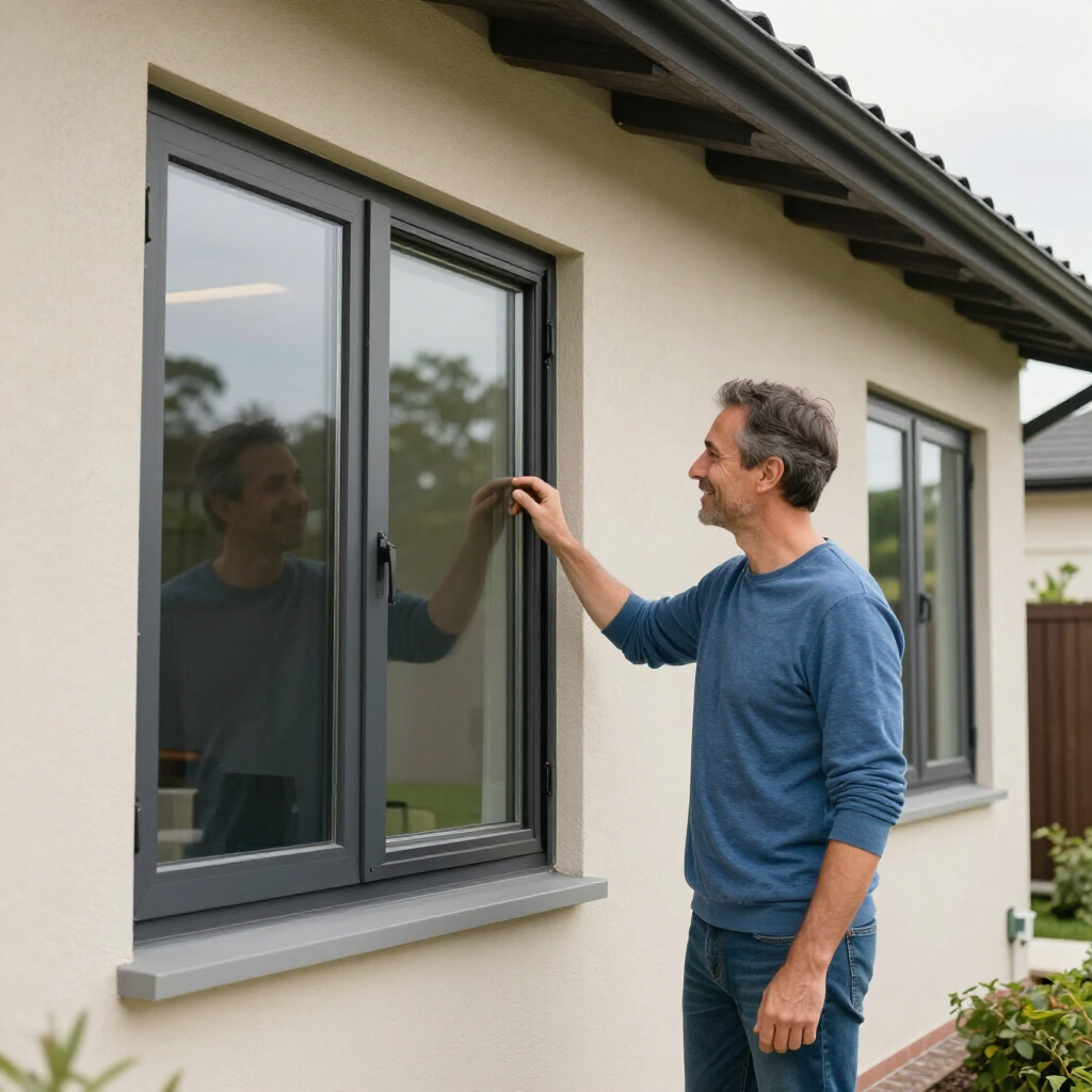 A person in a blue long-sleeved shirt touches the frame of an open dark-gray window on a light-colored exterior wall.