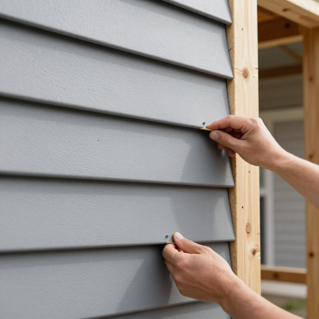 Hands nailing grey lap siding boards to a wooden frame.
