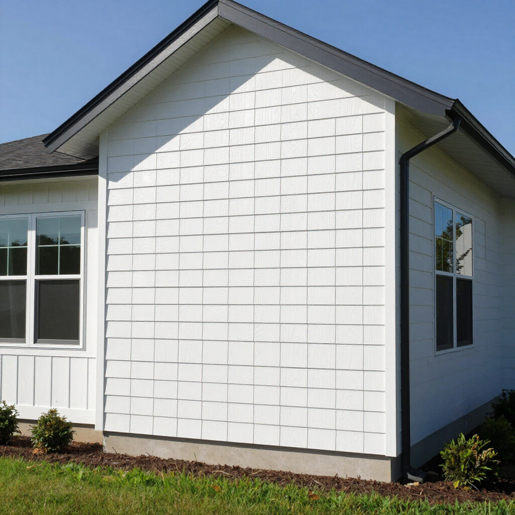 The side of a white house features a gabled wall with grid-patterned panels, dark trim, and two double-hung windows.