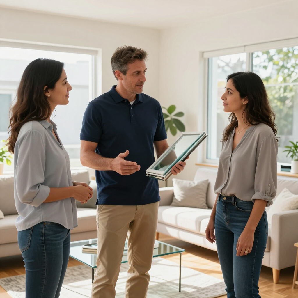 A contractor holds a window sample while explaining features to two people in a bright, modern living room.