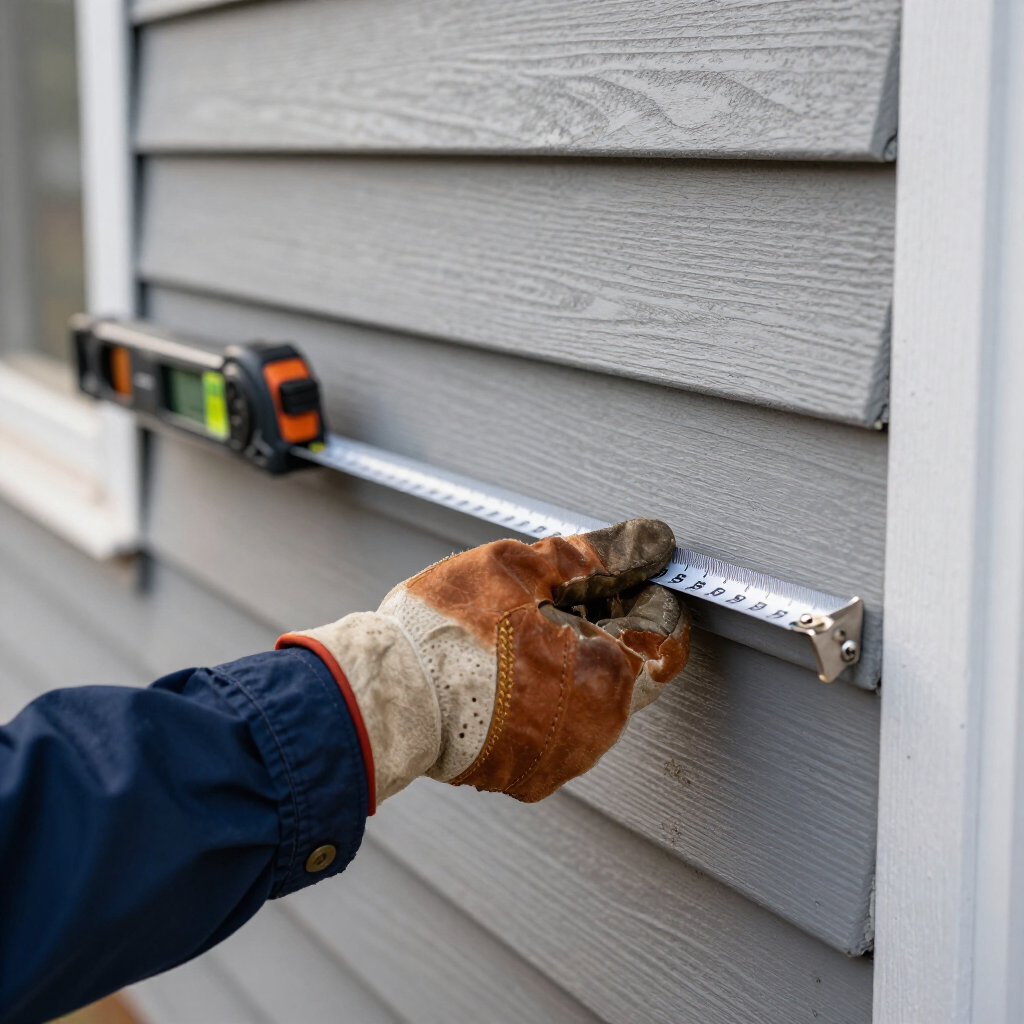 A gloved hand uses a digital laser measuring tool to measure the exterior grey siding of a house.
