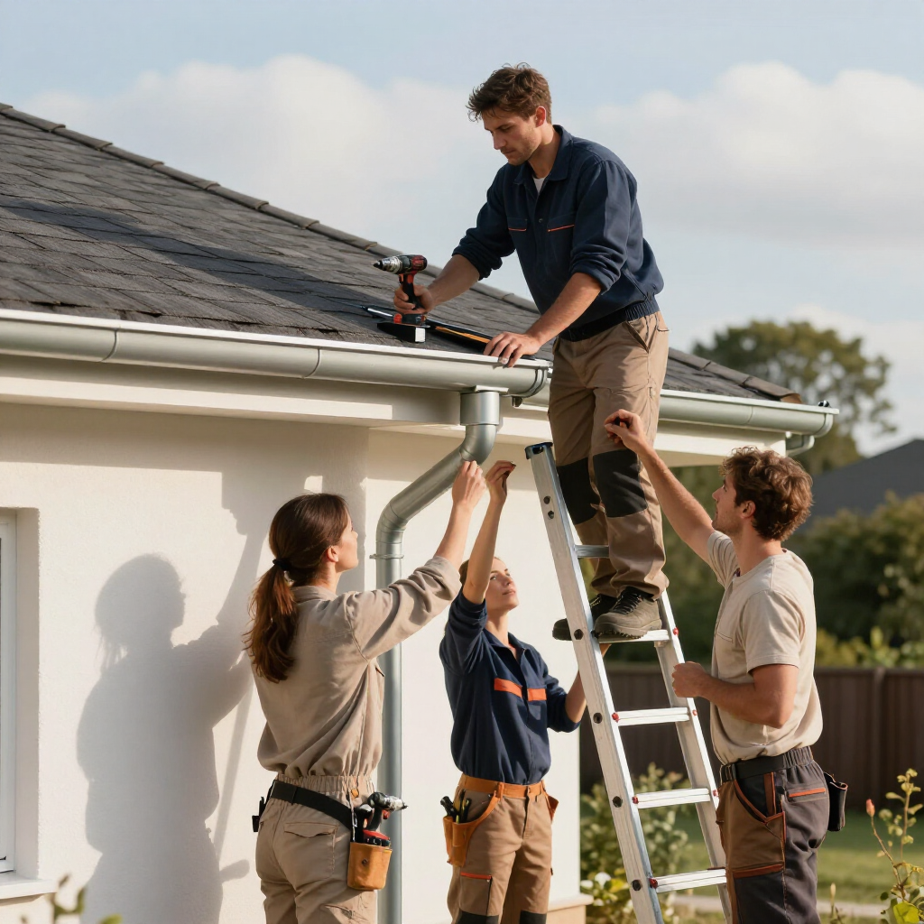 Four construction workers collaborate to repair the gutter and roof of a white building on a sunny day.