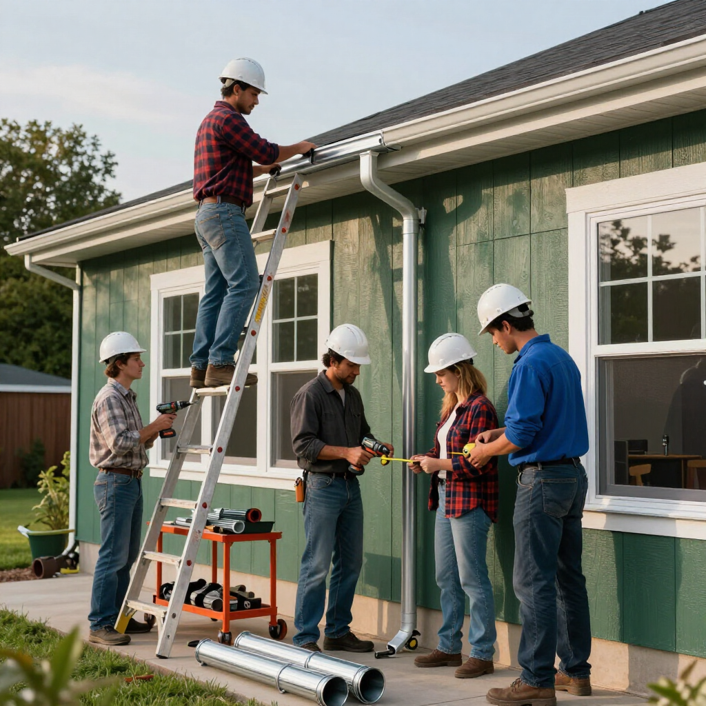 A team of workers in hard hats install gutters and downspouts on the exterior of a green house.