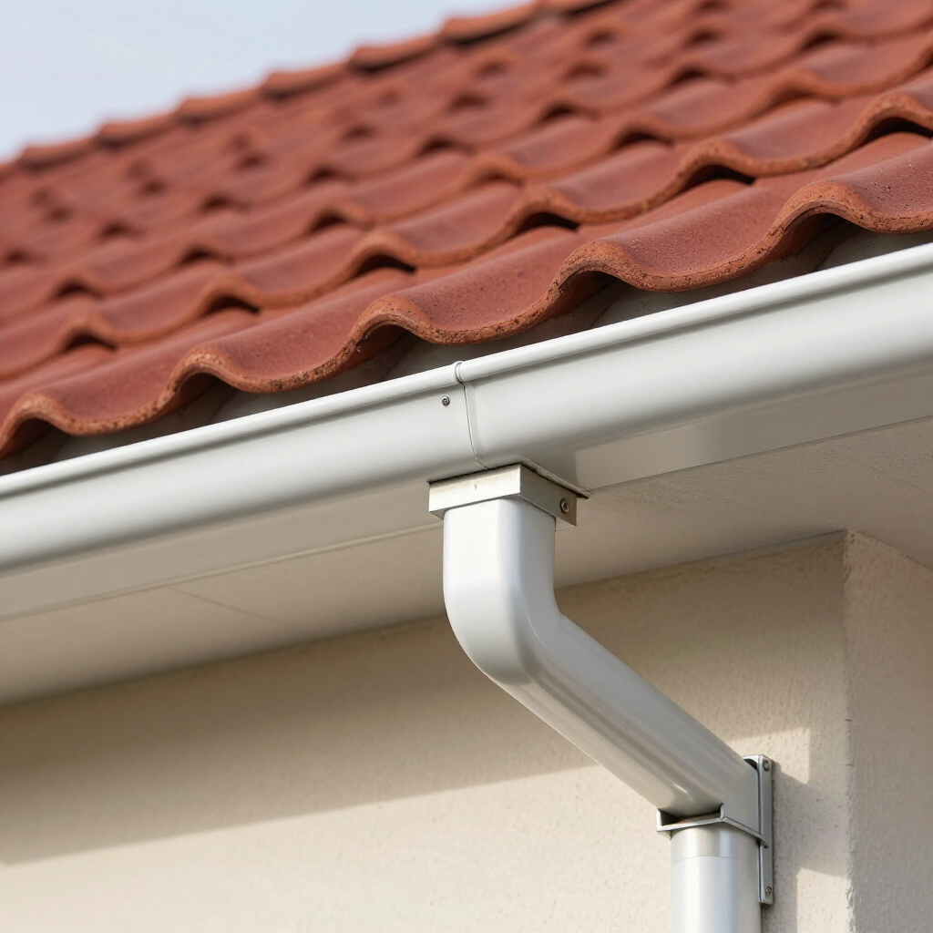 White gutter and downspout installed under a roof with red-brown clay tiles against a light-colored exterior wall.