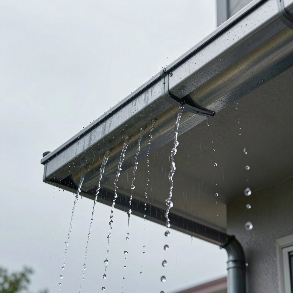 Water overflowing and dripping from the edge of a metal house gutter during a rainstorm.