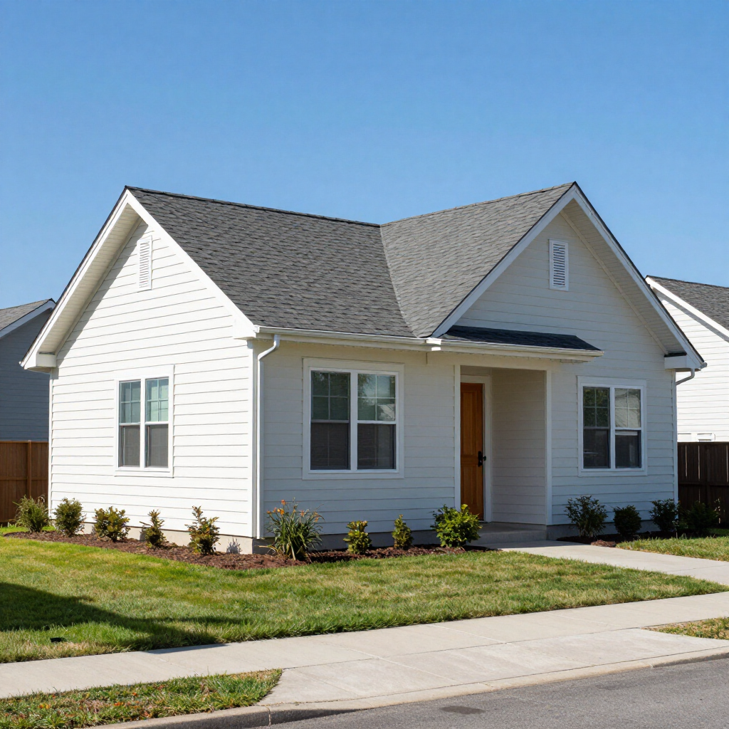A single-story, white-sided suburban home with a dark shingle roof, a front porch, and small shrubs in the front yard.