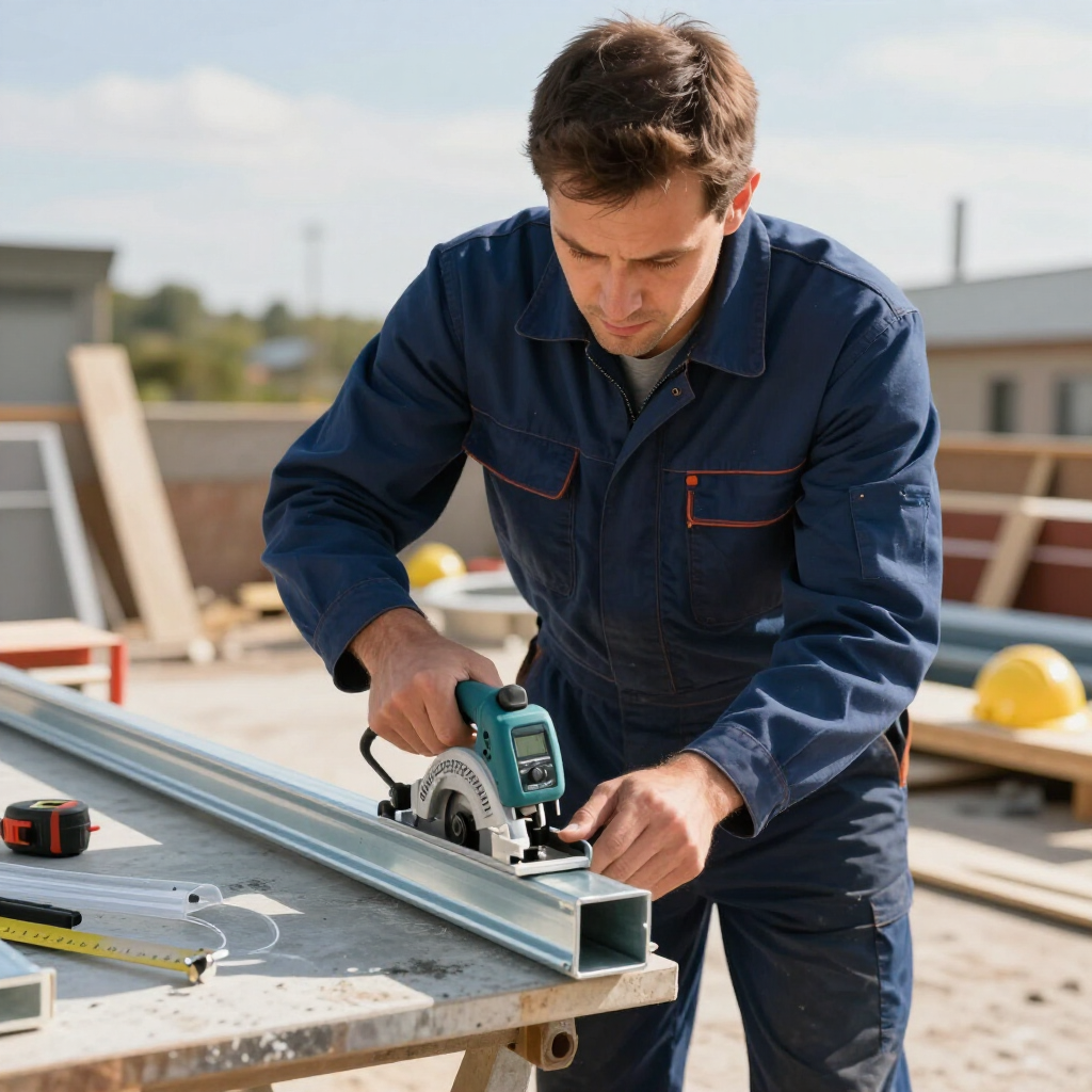 A worker in a navy blue jumpsuit uses a circular saw to cut a rectangular metal beam at an outdoor construction site.