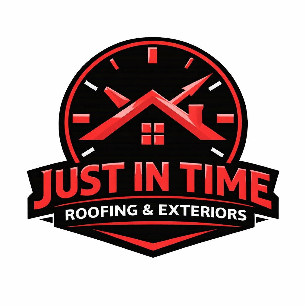Logo for Just In Time Roofing & Exteriors: a red clock face with house roof and chimney silhouettes in red and black.