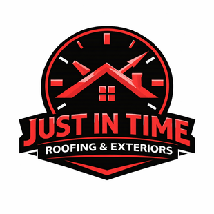 Logo for Just In Time Roofing & Exteriors: a red clock face with house roof and chimney silhouettes in red and black.