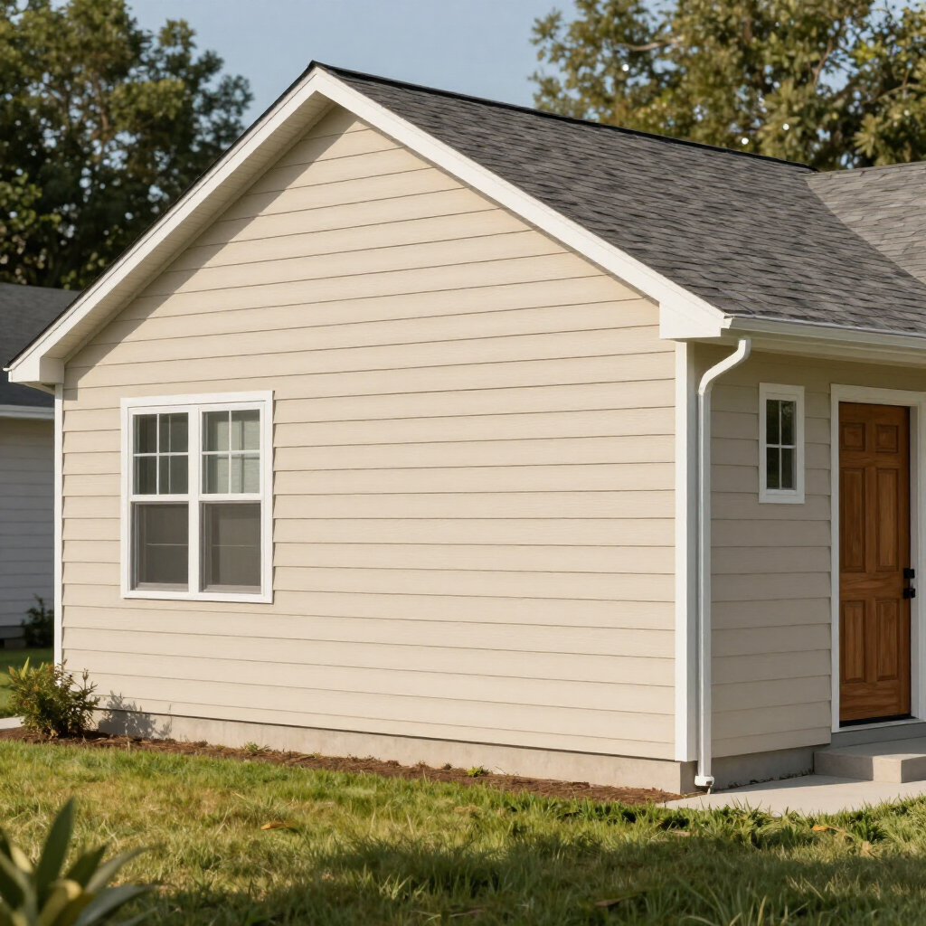 A beige, single-story house exterior with horizontal siding, a gabled roof, a brown wooden door, and a white-framed window.