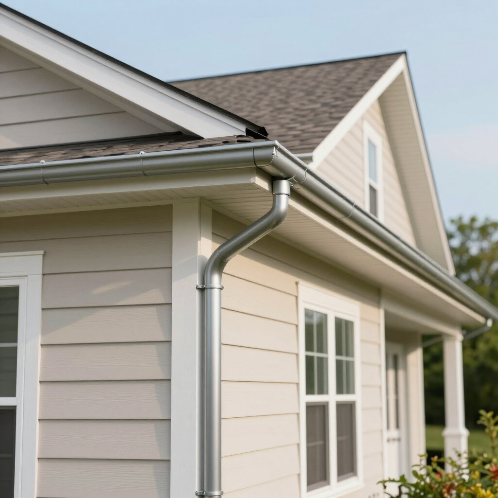 A low-angle view of the corner of a beige house with gray shingled roofing and a metal rain gutter downspout.