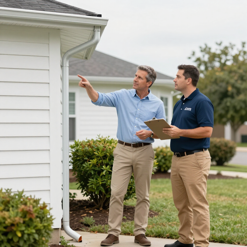 Two people in work attire stand outside a house, one pointing to the gutter while the other holds a clipboard.
