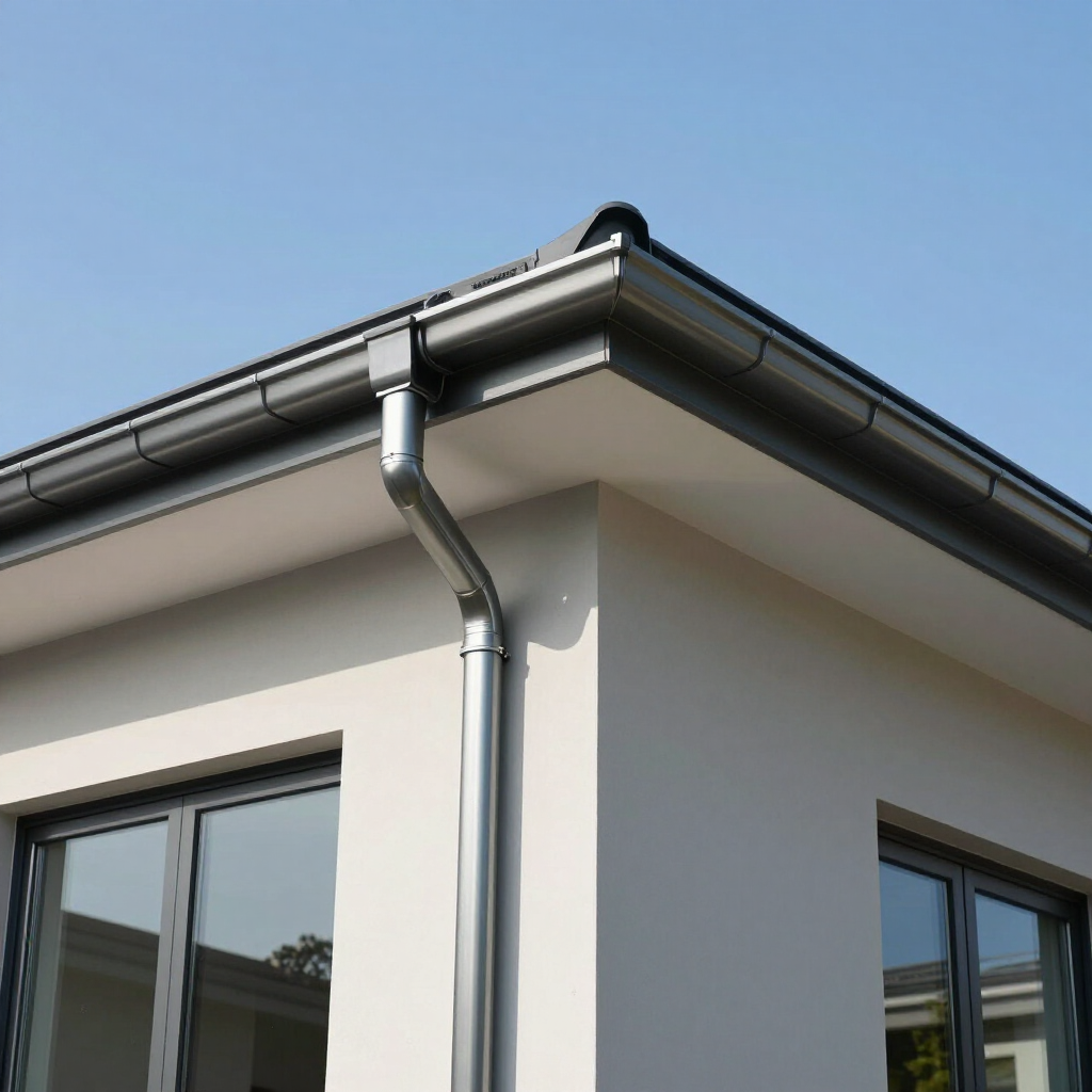 A corner of a modern house showing gray gutters, a downspout, and windows against a clear blue sky.