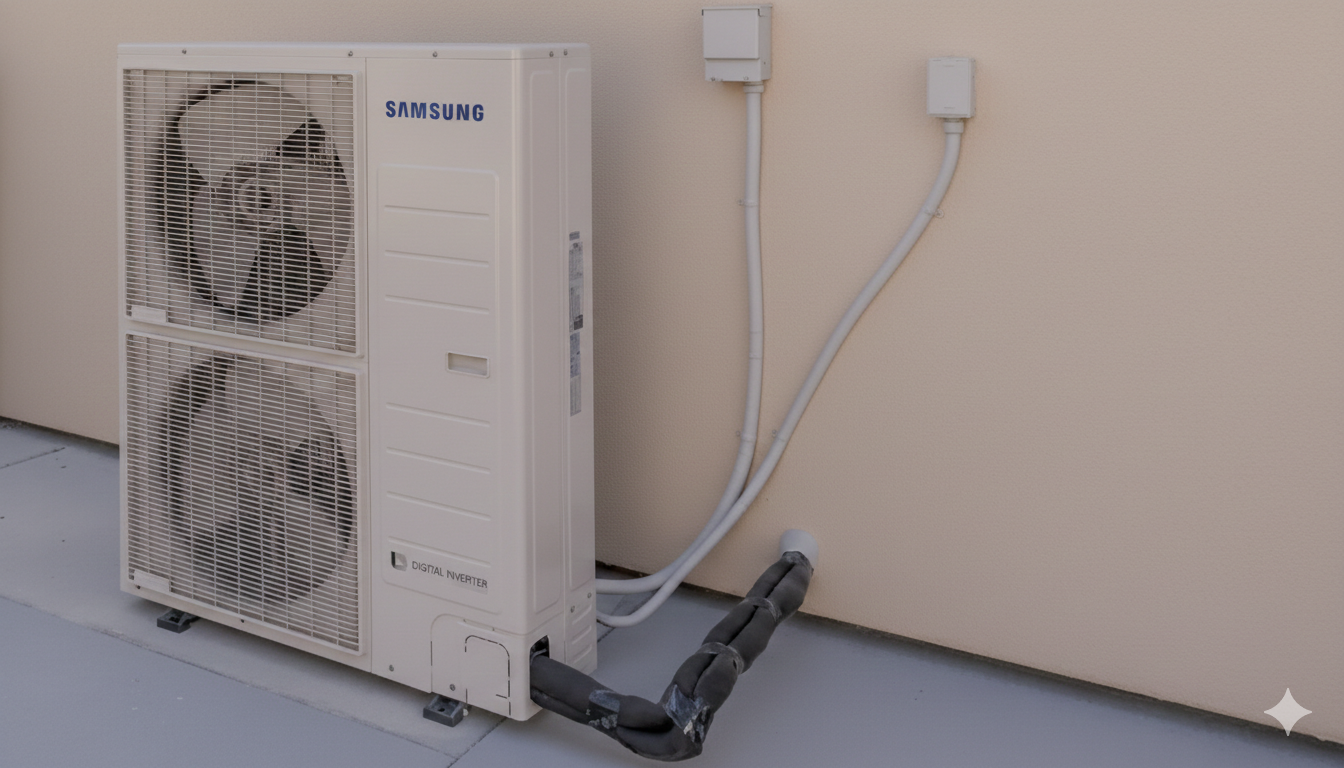 Samsung HVAC outdoor unit against a light brown wall, with two fans and electrical connections.