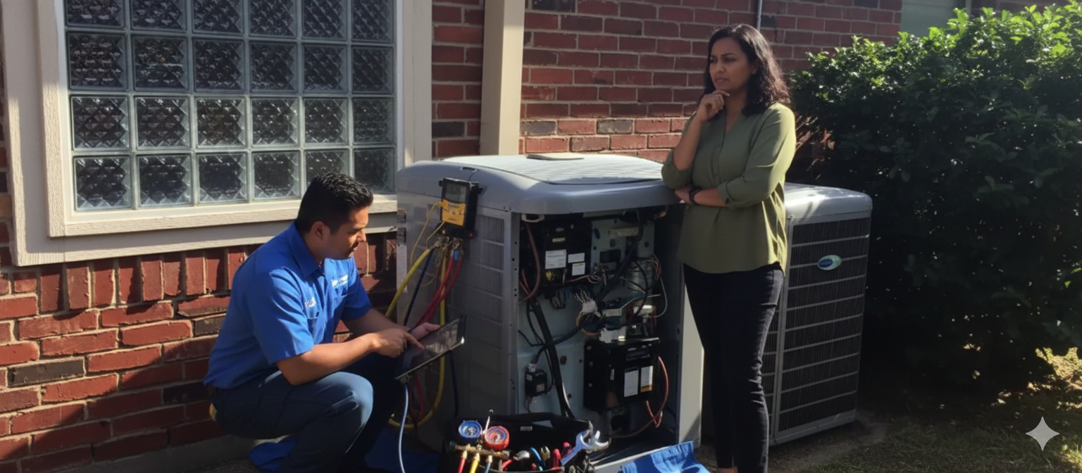 HVAC technician works on a unit while a woman observes, outdoors.