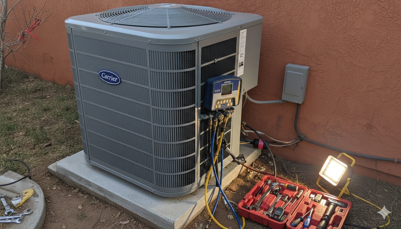 HVAC unit being serviced outdoors with tools and equipment.